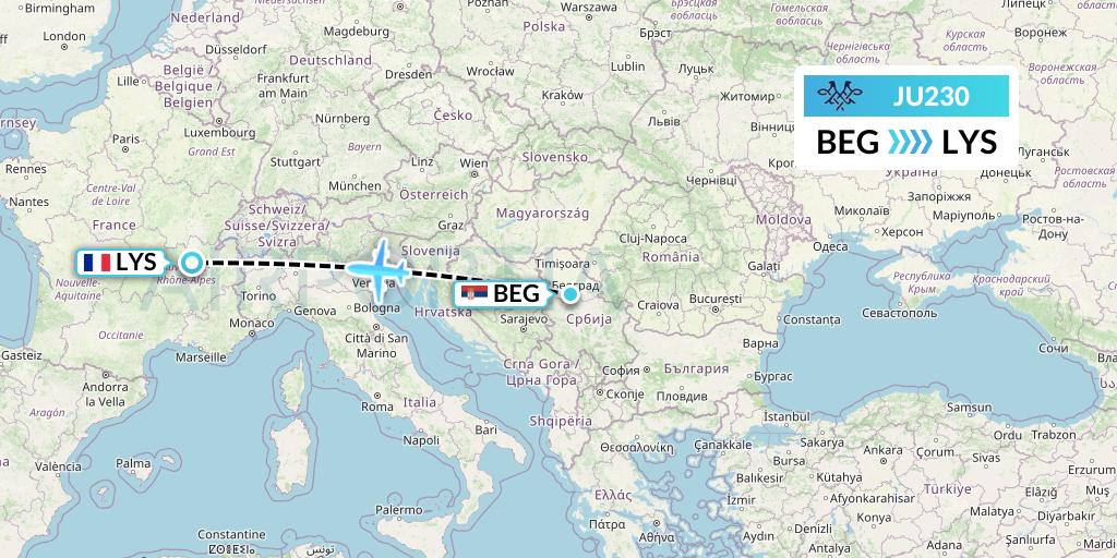 JU230 AirSERBIA Flight Map: Belgrade to Lyon