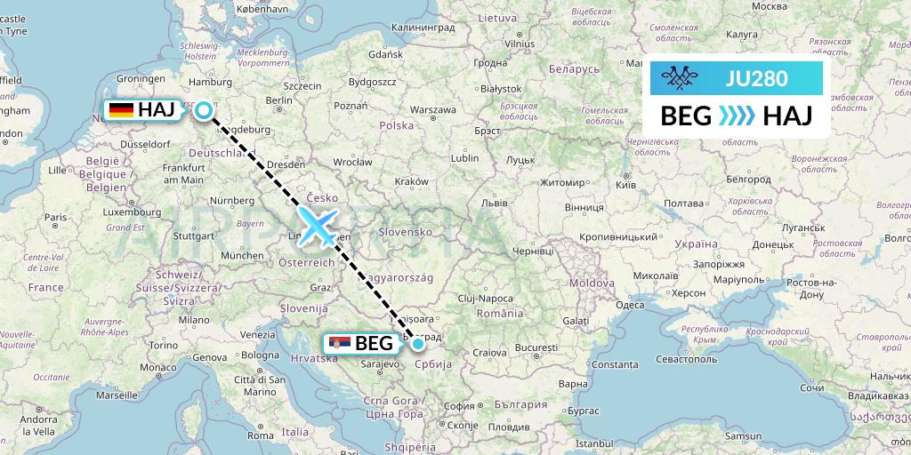 JU280 AirSERBIA Flight Map: Belgrade to Hannover