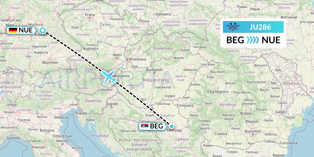 JU286 AirSERBIA Flight Map: Belgrade to Nurnberg