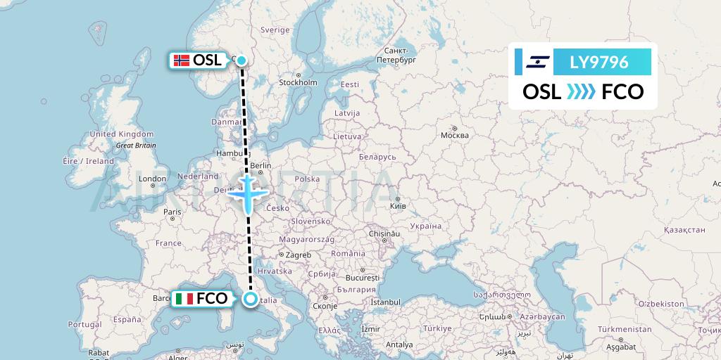 LY9796 El Al Flight Map: Oslo to Rome