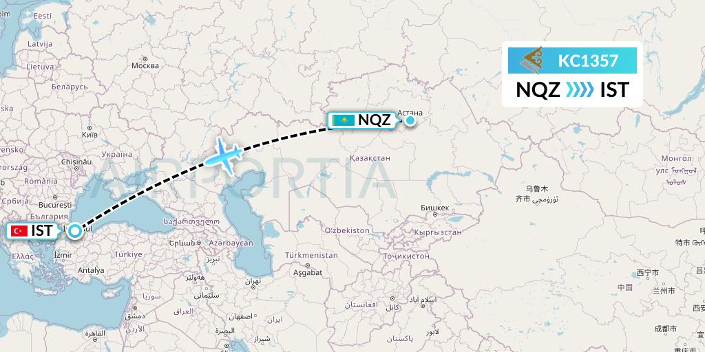 KC1357 Air Astana Flight Map: Astana to Istanbul