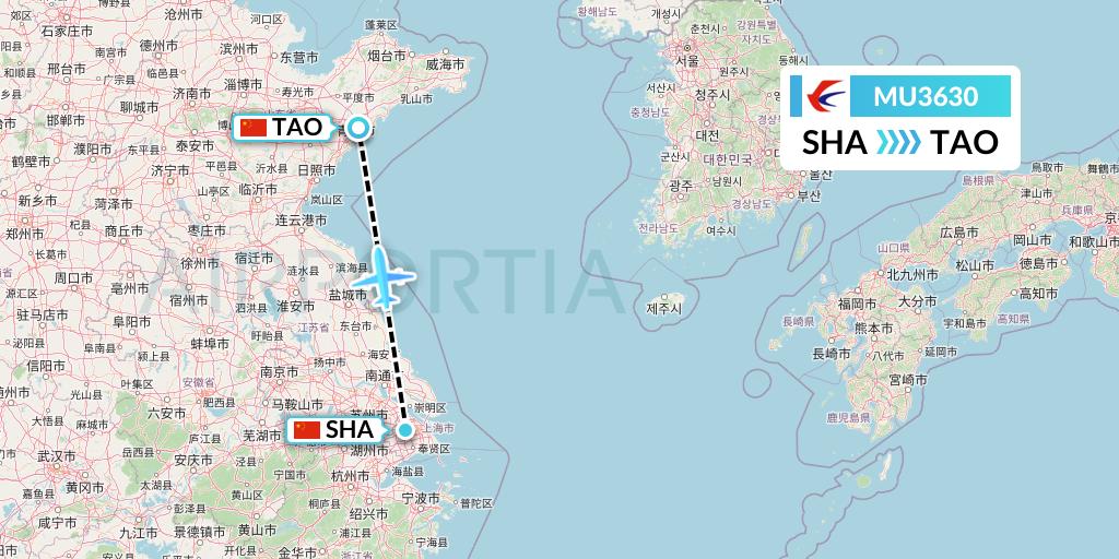 MU3630 China Eastern Airlines Flight Map: Shanghai to Qingdao