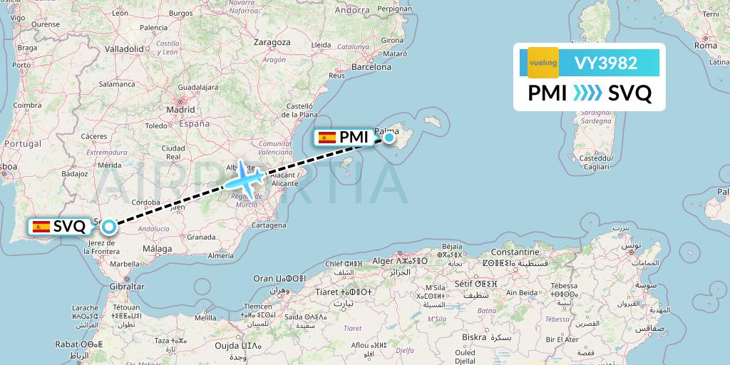 VY3982 Vueling Flight Map: Palma de Mallorca to Seville