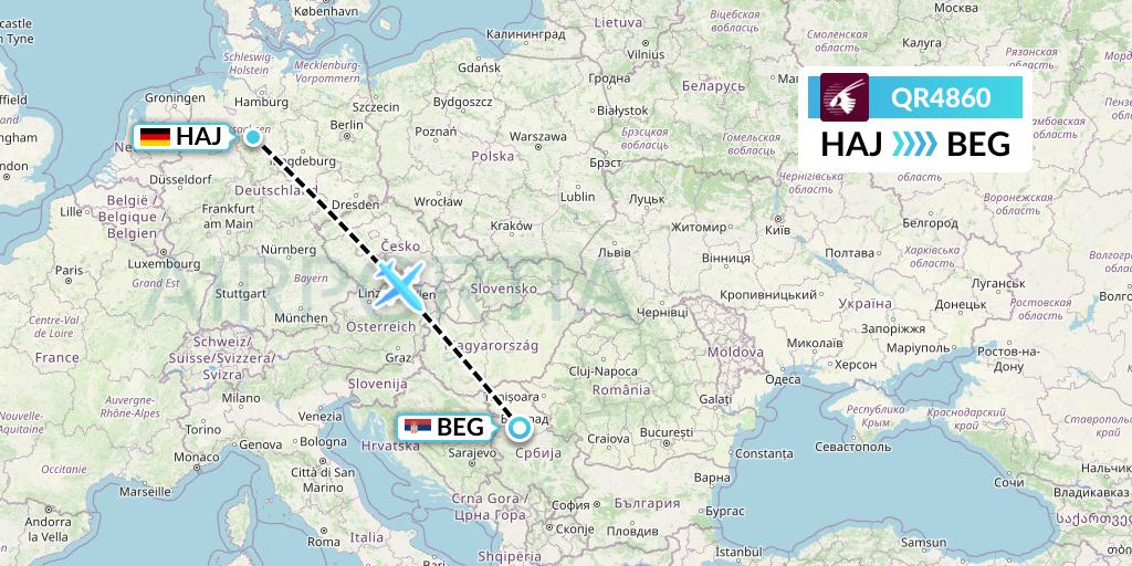 QR4860 Qatar Airways Flight Map: Hannover to Belgrade
