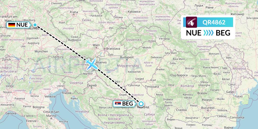QR4862 Qatar Airways Flight Map: Nurnberg to Belgrade