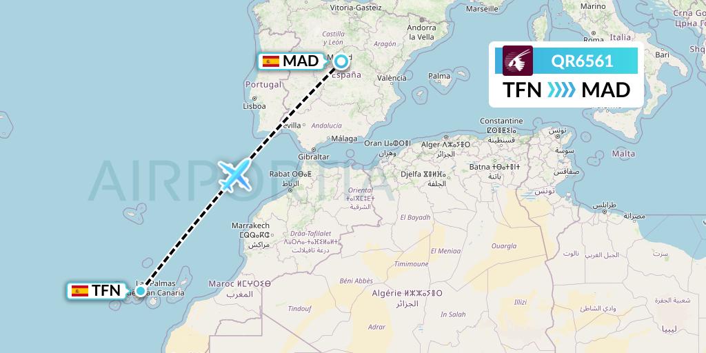 QR6561 Qatar Airways Flight Map: Tenerife to Madrid