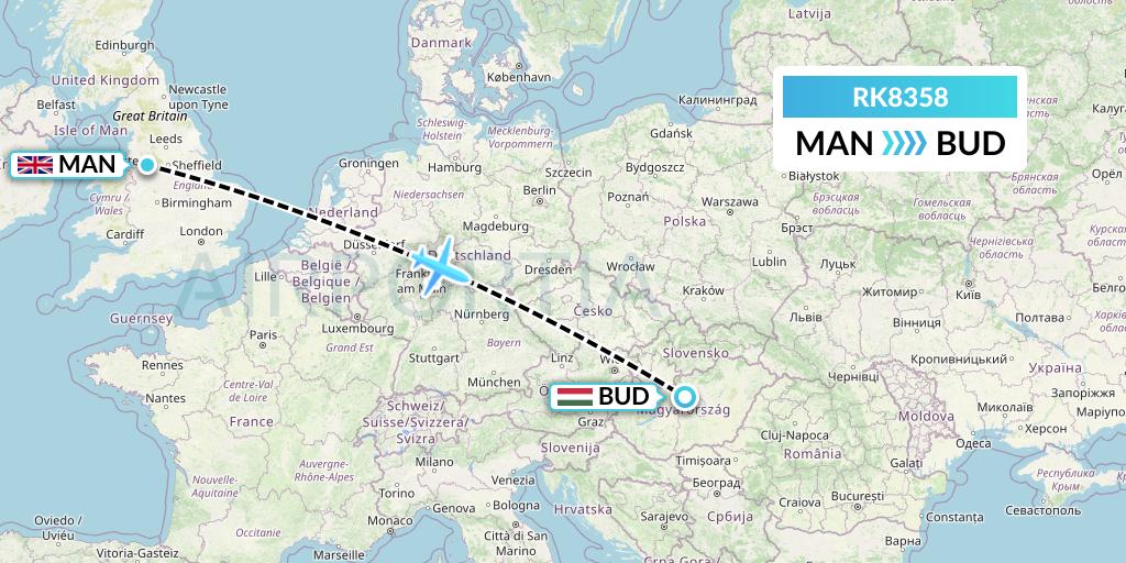 RK8358 Ryanair UK Flight Map: Manchester to Budapest