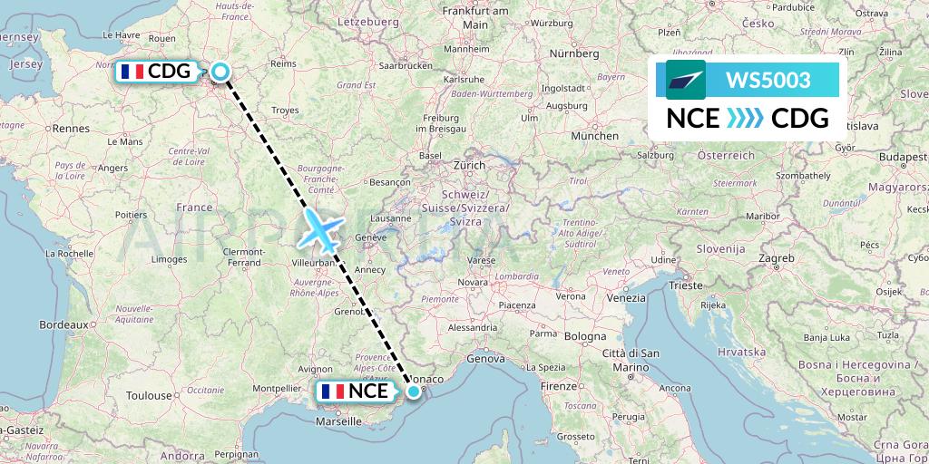 WS5003 WestJet Flight Map: Nice to Paris