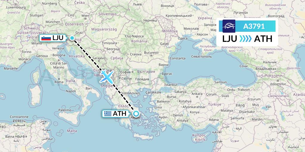 A3791 Aegean Airlines Flight Map: Ljubljana to Athens
