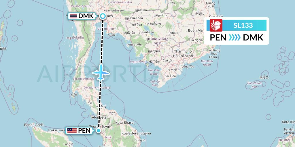SL133 Thai Lion Air Flight Map: Penang to Bangkok