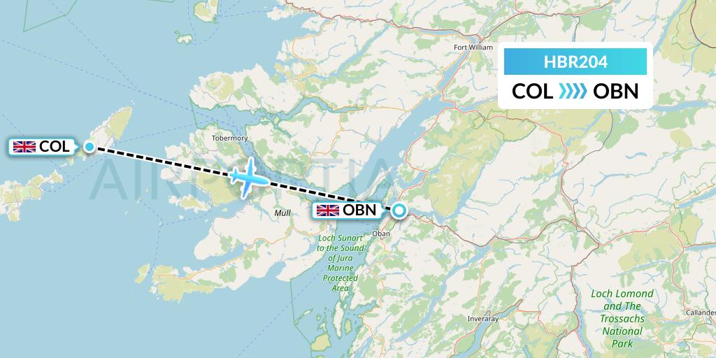 HBR204 Hebridean Air Services Flight Map: Coll Island to North Connel