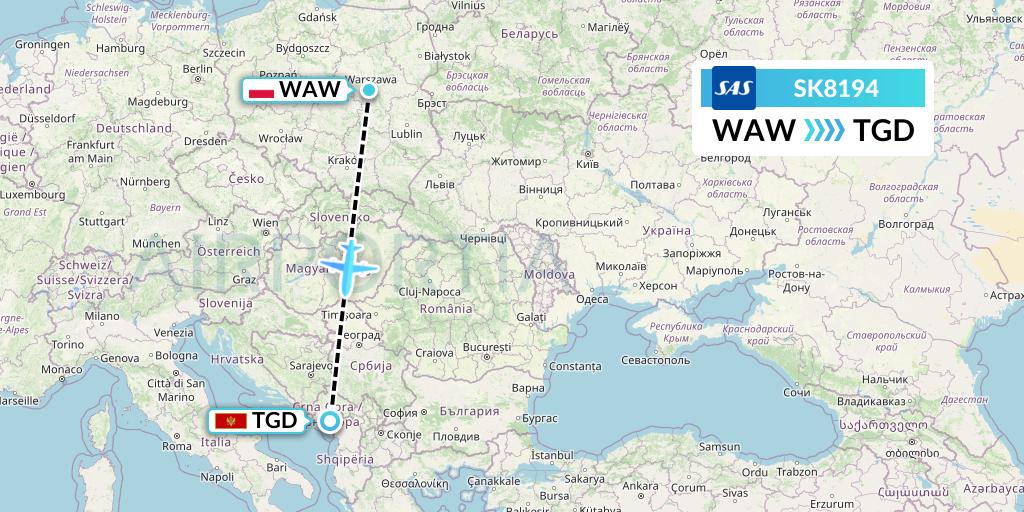 SK8194 SAS Flight Map: Warsaw to Podgorica