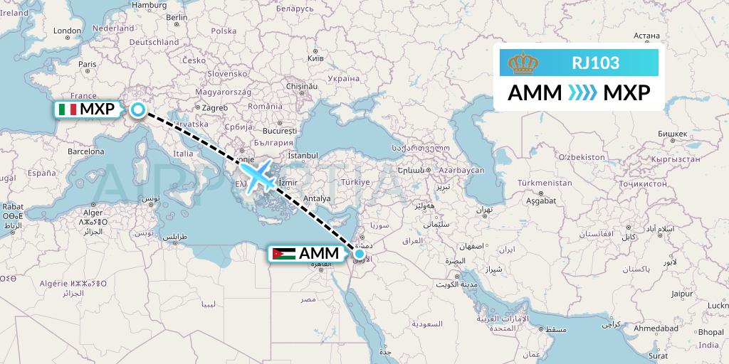 RJ103 Royal Jordanian Flight Map: Amman to Milan