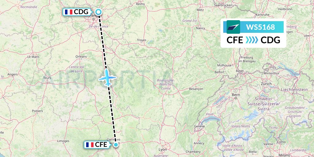 WS5168 WestJet Flight Map: Clermont-Ferrand to Paris