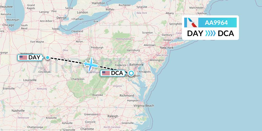 AA9964 American Airlines Flight Map: Dayton to Washington