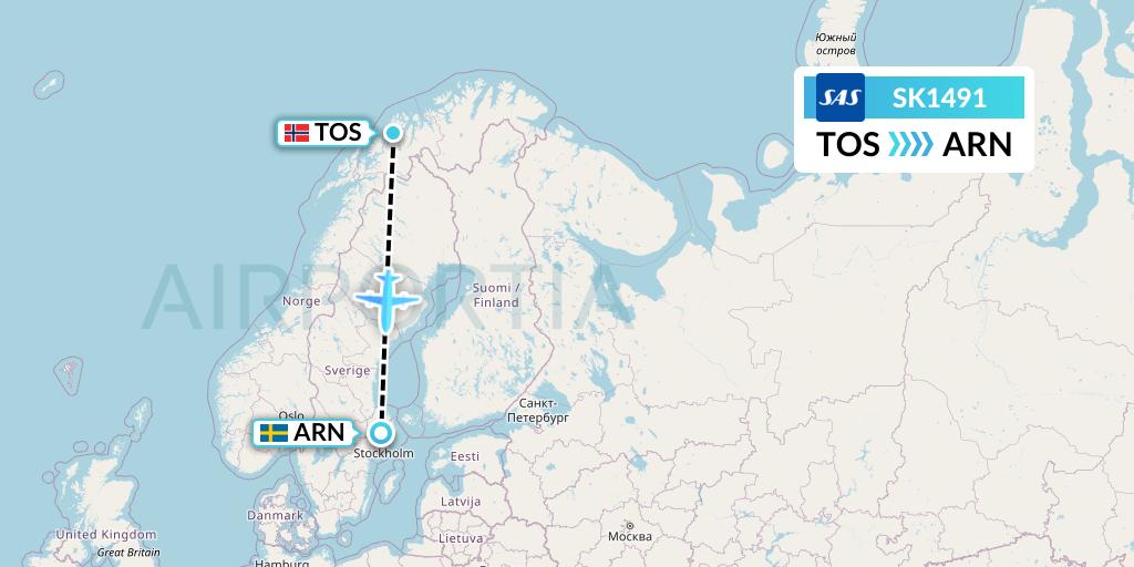 SK1491 SAS Flight Map: Tromso to Stockholm
