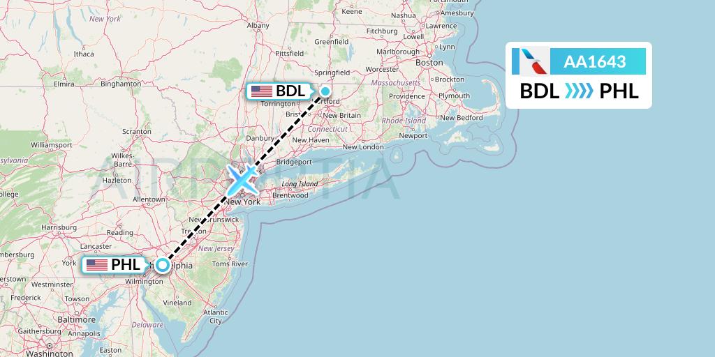 AA1643 American Airlines Flight Map: Windsor Locks to Philadelphia