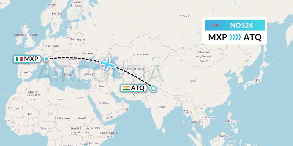 NO524 Neos Flight Map: Milan to Amritsar