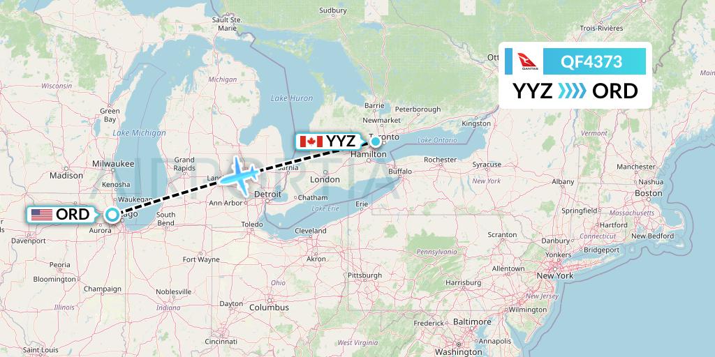 QF4373 Qantas Flight Map: Toronto to Chicago