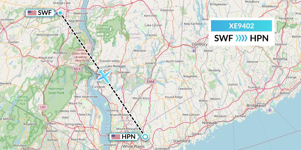 XE9402 Jsx Flight Map: Newburgh to White Plains