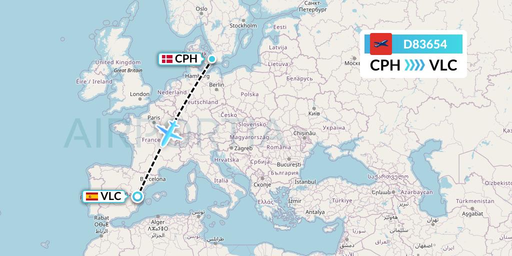 D83654 Norwegian Air International Flight Map: Copenhagen to Valencia