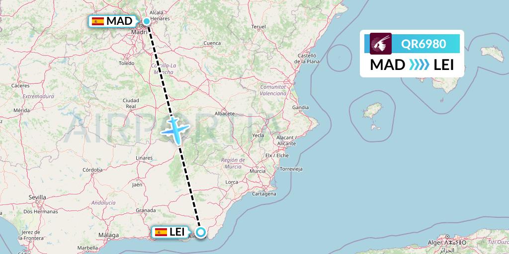 QR6980 Qatar Airways Flight Map: Madrid to Almeria