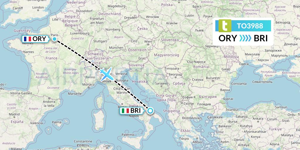 TO3988 Transavia France Flight Map: Paris to Bari