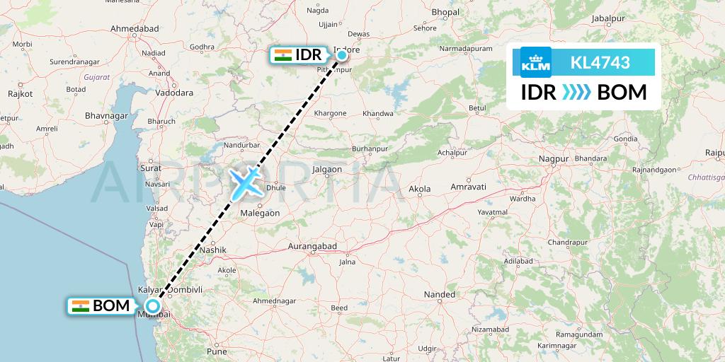 KL4743 KLM Flight Map: Indore to Mumbai