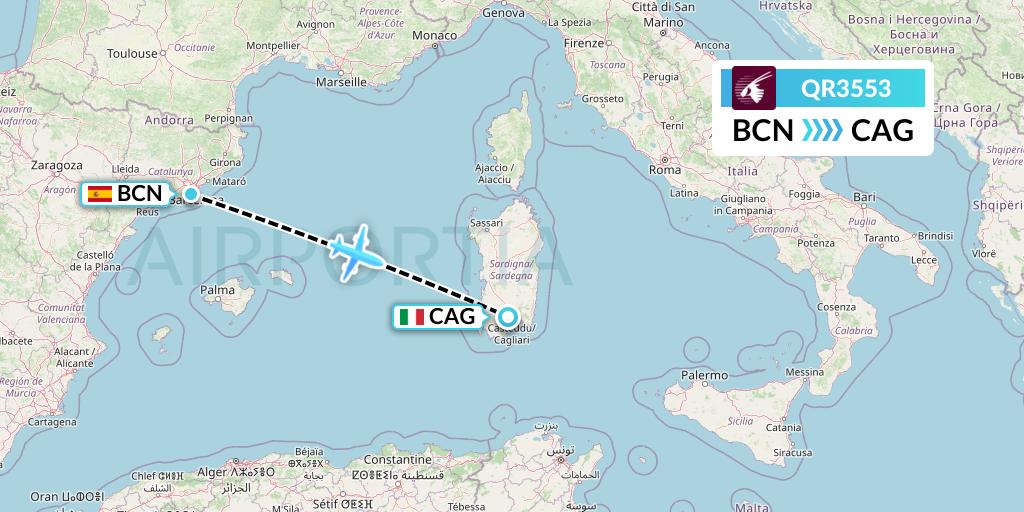 QR3553 Qatar Airways Flight Map: Barcelona to Cagliari
