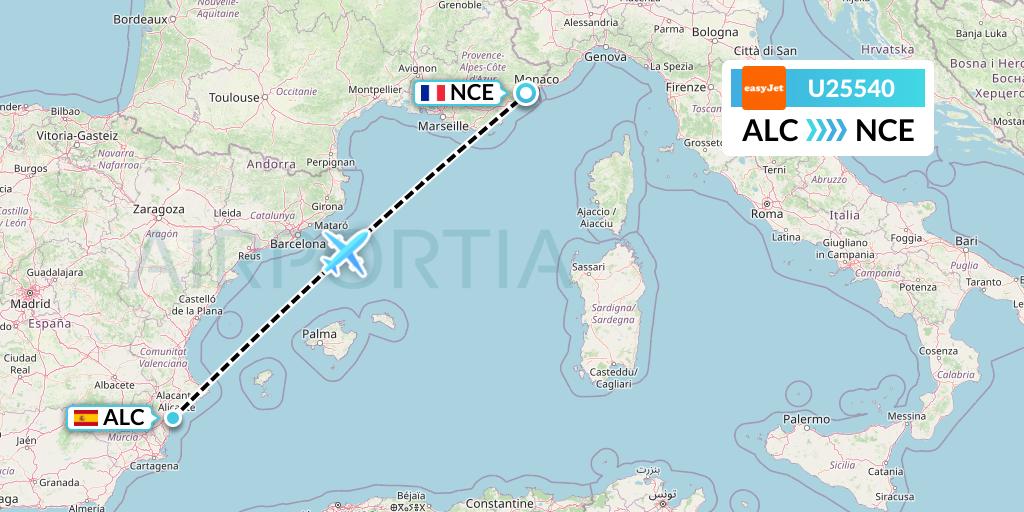 U25540 EasyJet Flight Map: Alicante to Nice