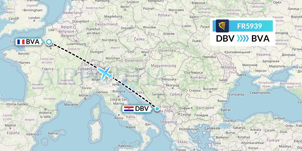FR5939 Ryanair Flight Map: Dubrovnik to Paris