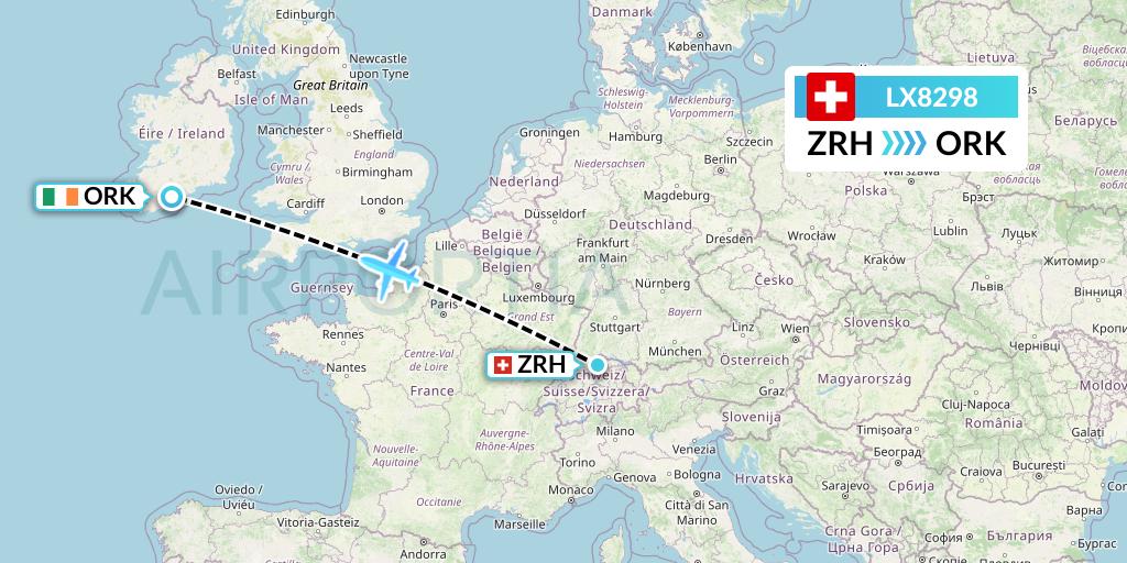 LX8298 Swiss Flight Map: Zurich to Cork