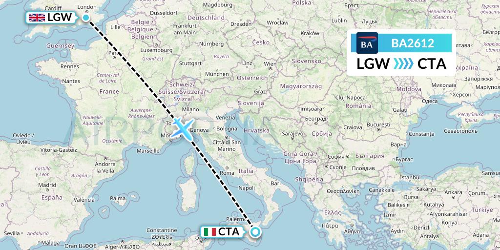 BA2612 British Airways Flight Map: London to Catania