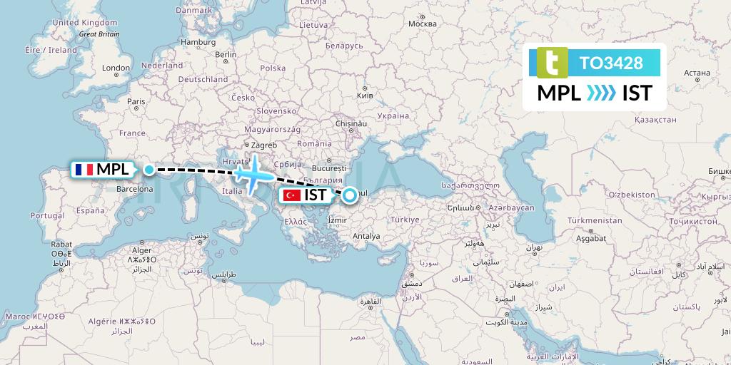 TO3428 Transavia France Flight Map: Montpellier to Istanbul