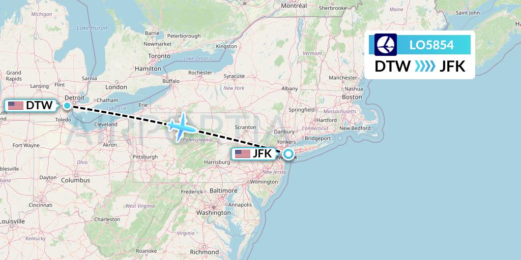 LO5854 LOT Flight Map: Detroit to New York
