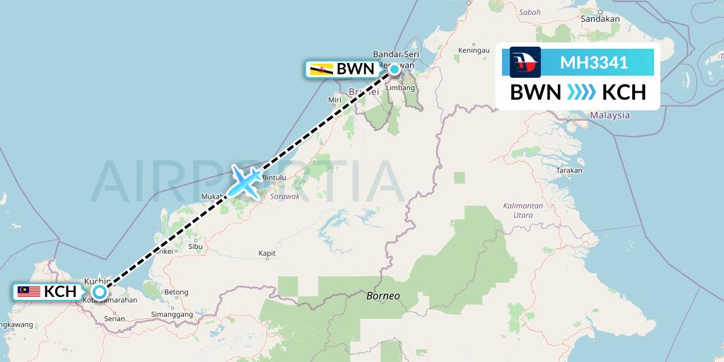 MH3341 Malaysia Airlines Flight Map: Brunei to Kuching