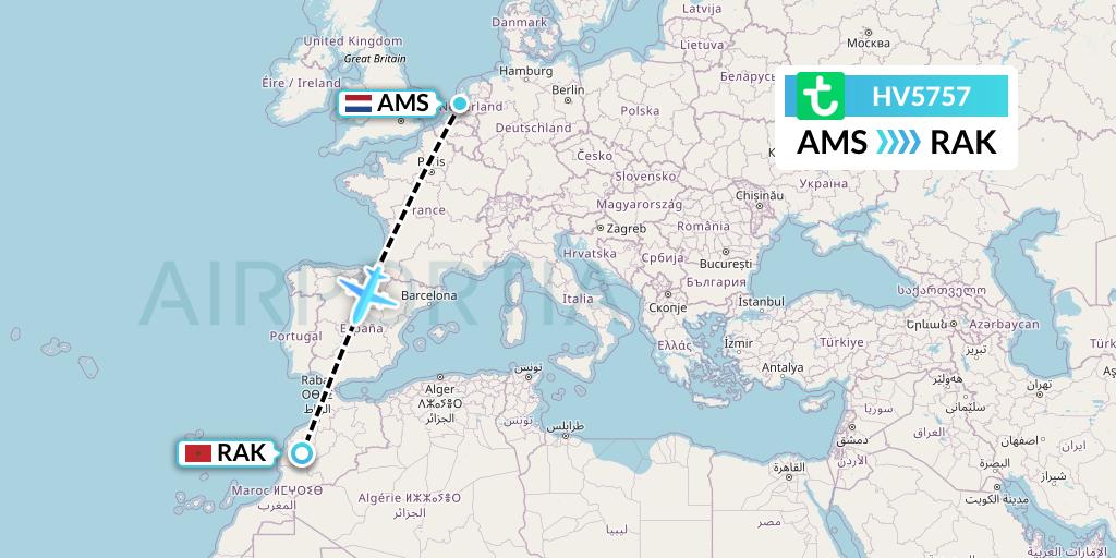 HV5757 Transavia Flight Map: Amsterdam to Marrakesh 