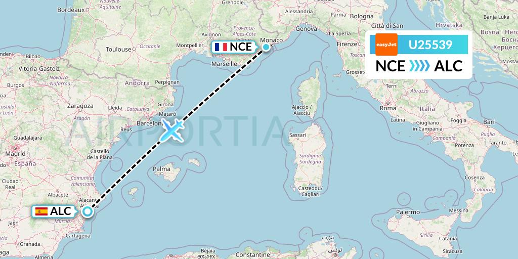U25539 EasyJet Flight Map: Nice to Alicante