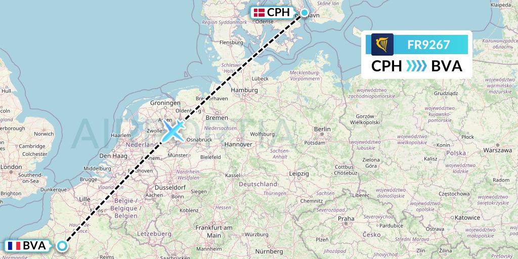 FR9267 Ryanair Flight Map: Copenhagen to Paris