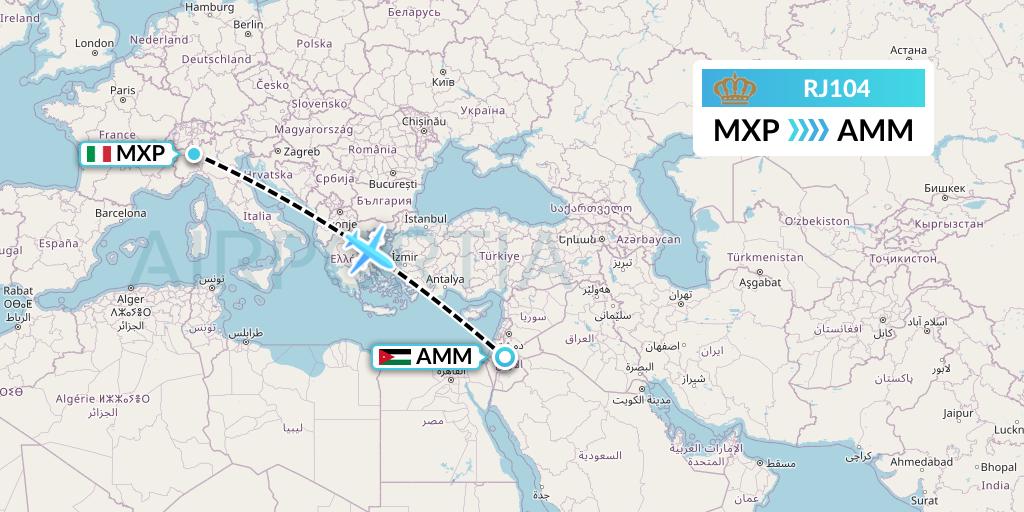 RJ104 Royal Jordanian Flight Map: Milan to Amman