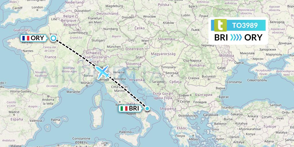 TO3989 Transavia France Flight Map: Bari to Paris