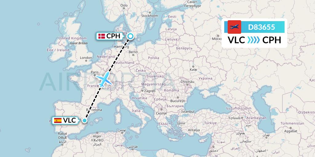 D83655 Norwegian Air International Flight Map: Valencia to Copenhagen