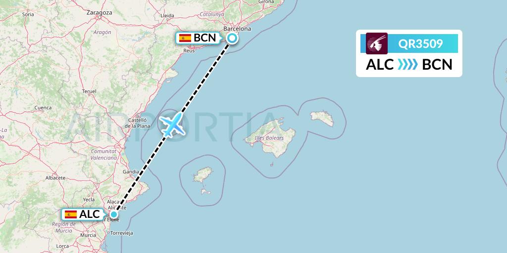 QR3509 Qatar Airways Flight Map: Alicante to Barcelona