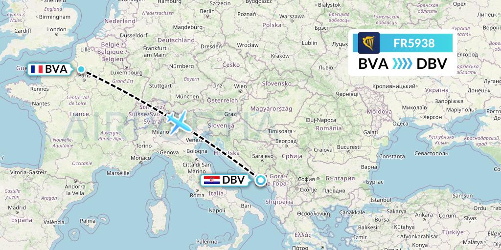 FR5938 Ryanair Flight Map: Paris to Dubrovnik