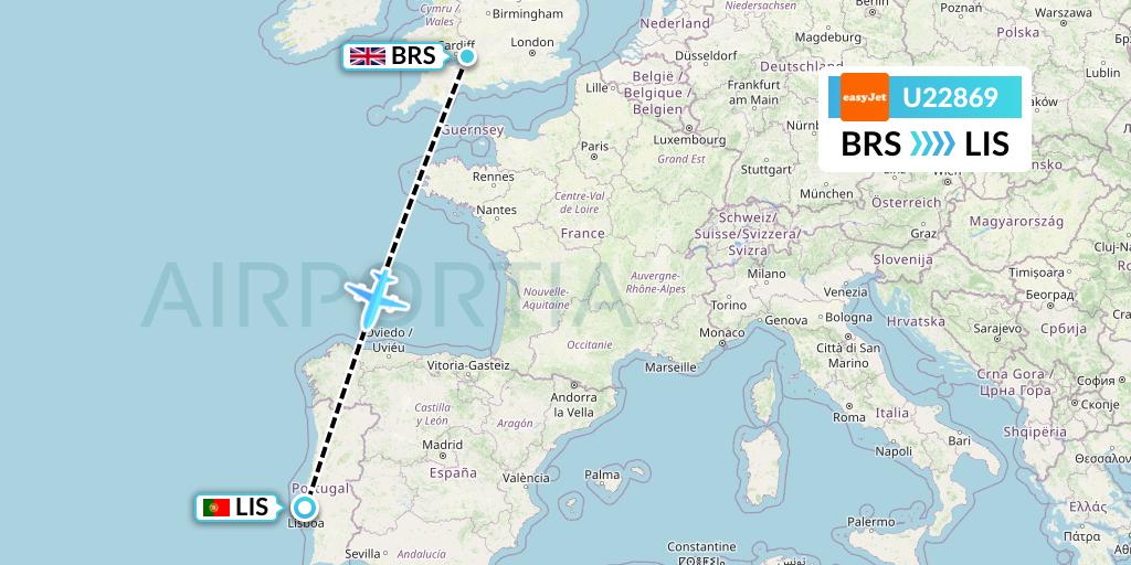 U22869 EasyJet Flight Map: Bristol to Lisbon