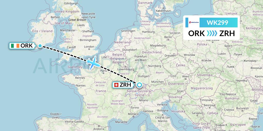 WK299 Edelweiss Air Flight Map: Cork to Zurich