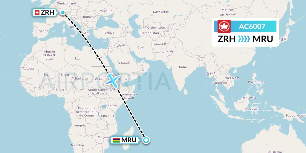 AC6007 Air Canada Flight Map: Zurich to Port Louis