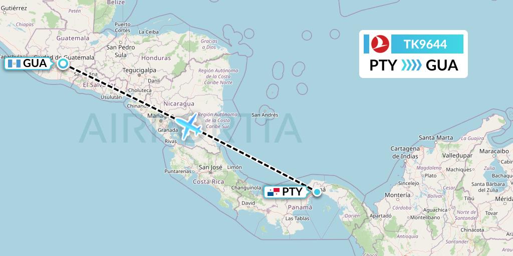 TK9644 Turkish Airlines Flight Map: Panama City to Guatemala City