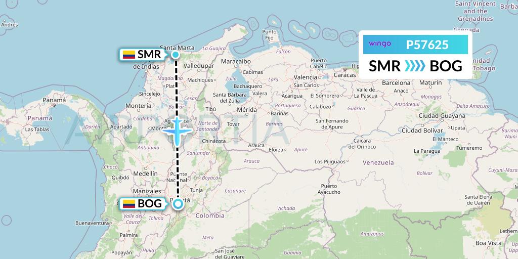 P57625 Copa Airlines Colombia Flight Map: Santa Marta to Bogota