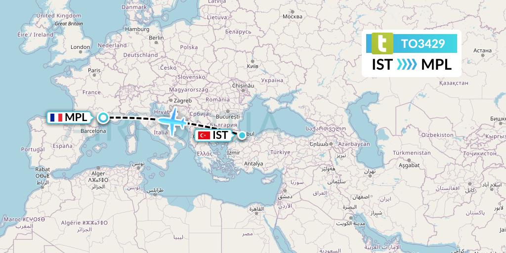 TO3429 Transavia France Flight Map: Istanbul to Montpellier